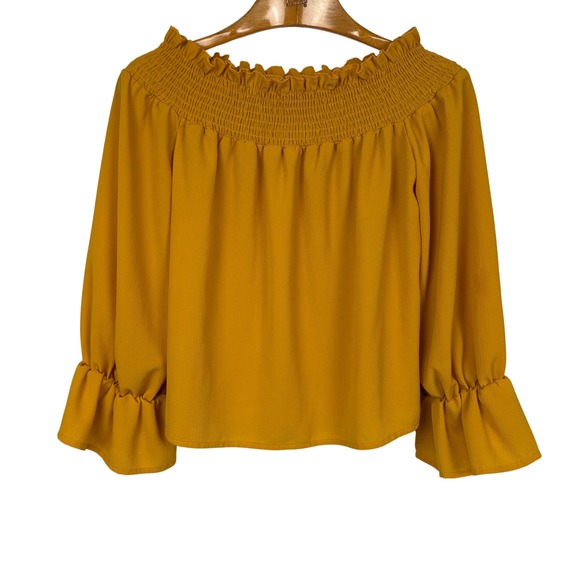 Andthewhy Tops - Andthewhy Off The Shoulder Smocked Bell Sleeve Blouse Small Mustard Yellow